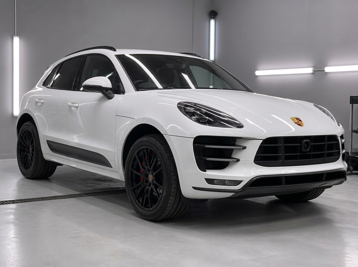 Same white SUV with sharp, glossy finish after correction and coating
