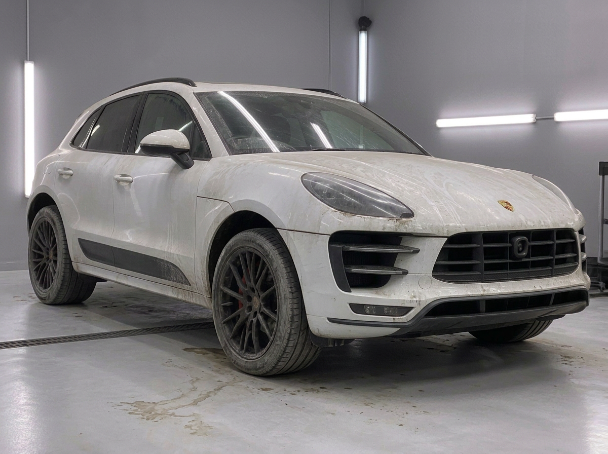 White performance SUV with hazy, scratched paint before correction